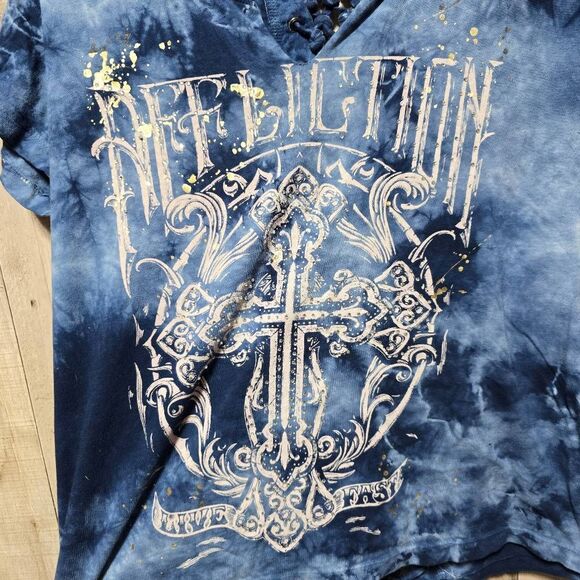 Affliction Women's MADRIGAL Split Neck Cross Embellished Blue Short Sleeve Tee - Picture 2 of 3